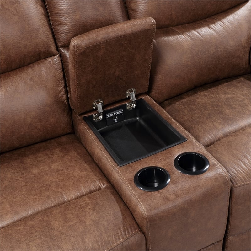 New Classic Furniture Ryland Polyester Fabric Power Console Loveseat in Brown