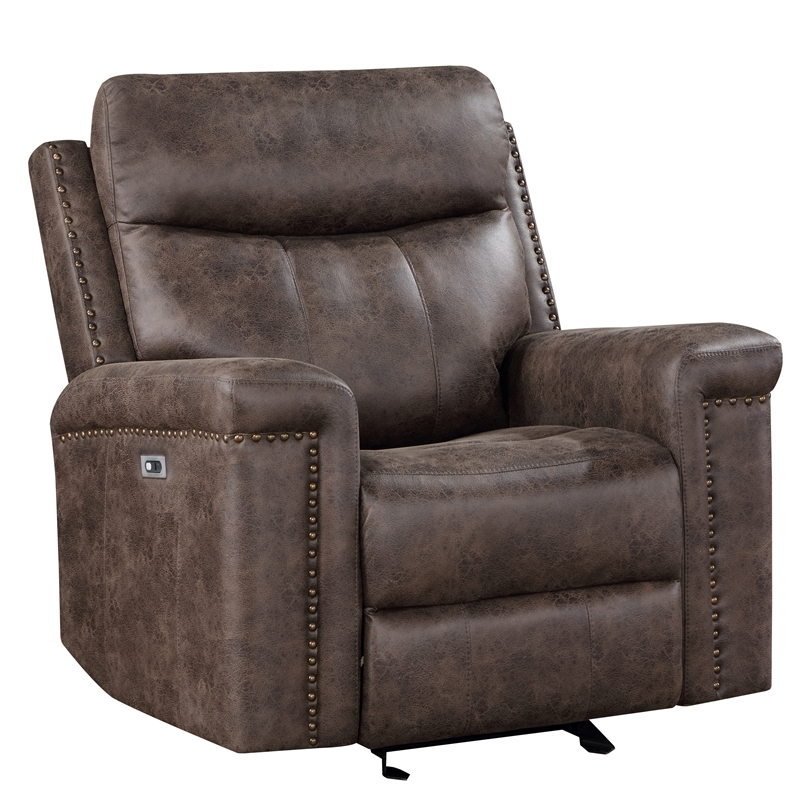 New Classic Furniture Quade Polyester Fabric Power Glider Recliner in Mocha