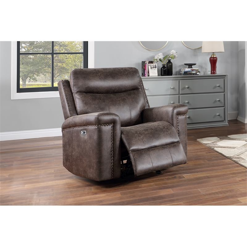 New Classic Furniture Quade Polyester Fabric Power Glider Recliner in Mocha
