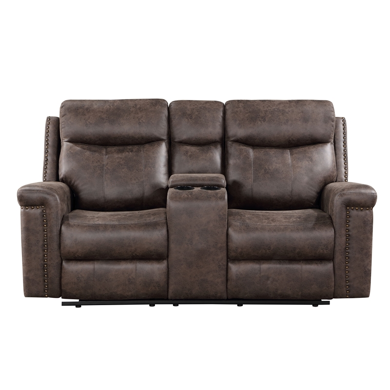 New Classic Furniture Quade Polyester Fabric Power Console Loveseat in Mocha