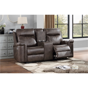 New Classic Furniture Quade Polyester Fabric Power Console Loveseat in Mocha