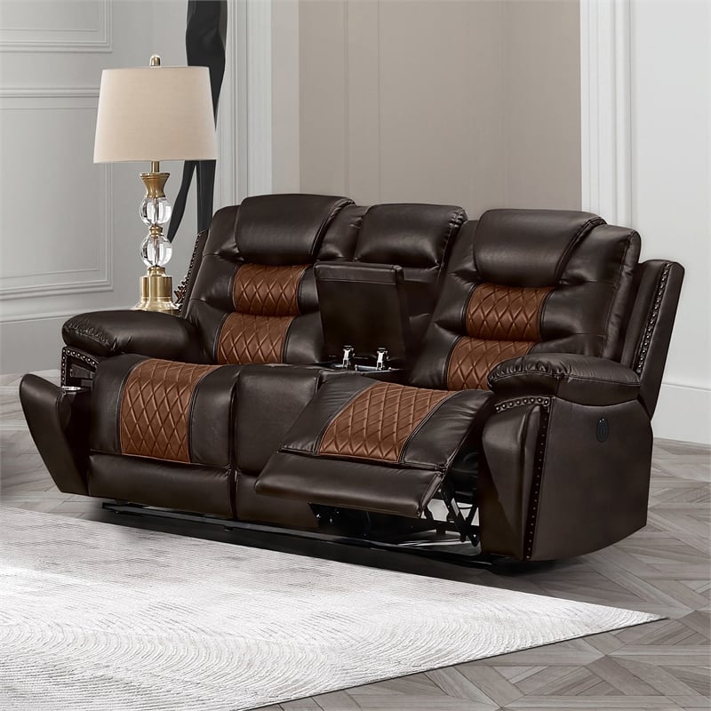 New Classic Furniture Nikko Leather Console Loveseat w/ Power Footrest in Brown