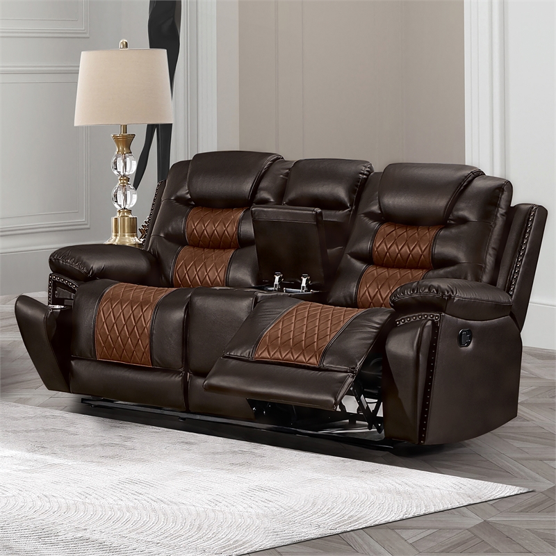 New Classic Furniture Nikko Leather Console Loveseat w/ Dual Recliners in Brown