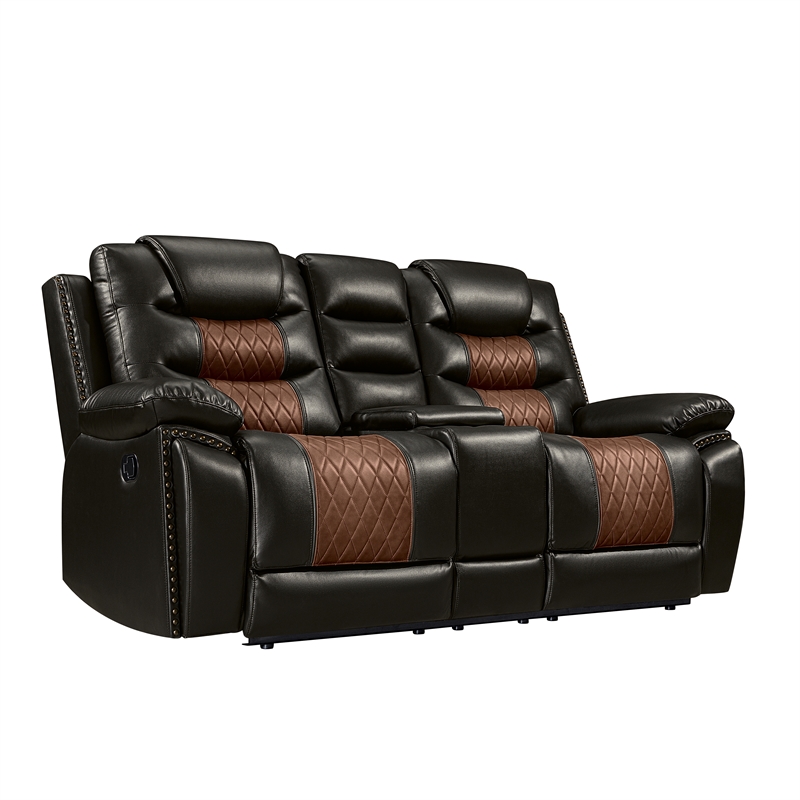 New Classic Furniture Nikko Leather Console Loveseat w/ Dual Recliners in Brown
