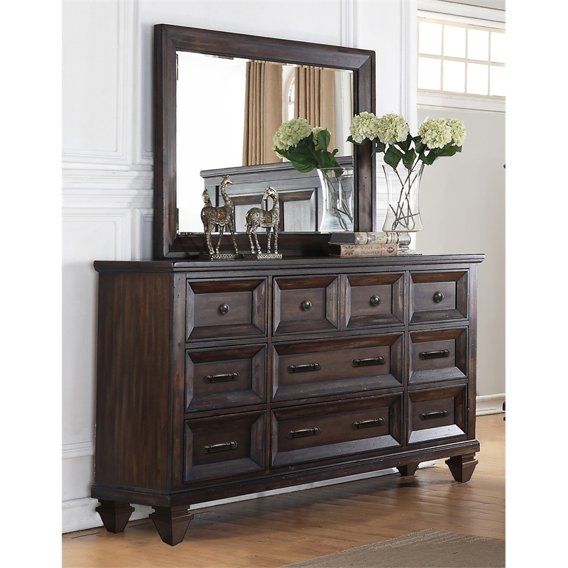 New Classic Furniture Sevilla Solid Wood Dresser with Mirror Set in Walnut
