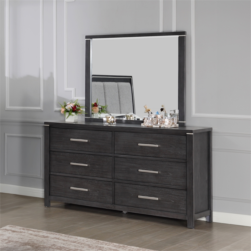 New Classic Furniture Odessa Solid Wood Dresser with Mirror Set in Charcoal
