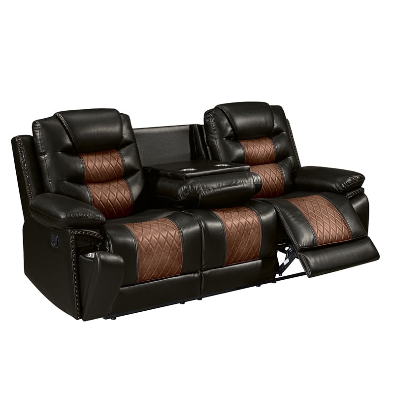 New Classic Furniture Nikko Leather Sofa with Dual Recliner in Brown