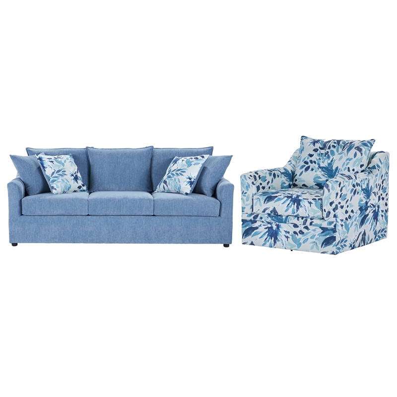 New Classic Furniture Sylvie 2 PC Fabric Sofa and Chair Set in Blue and White