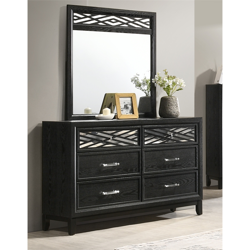 New Classic Furniture Obsidian Solid Wood 6-Drawers Dresser with Mirror in Black