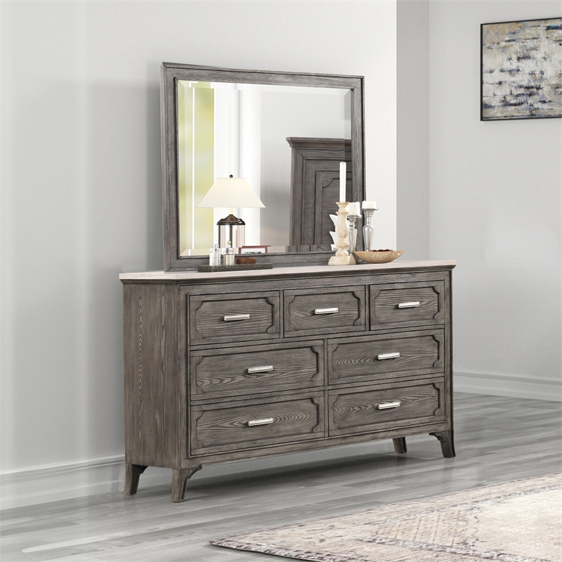 New Classic Furniture Lisbon Solid Wood 7-Drawers Dresser with Mirror in Gray