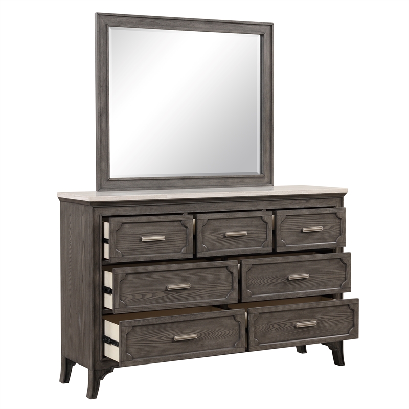 New Classic Furniture Lisbon Solid Wood 7-Drawers Dresser with Mirror in Gray