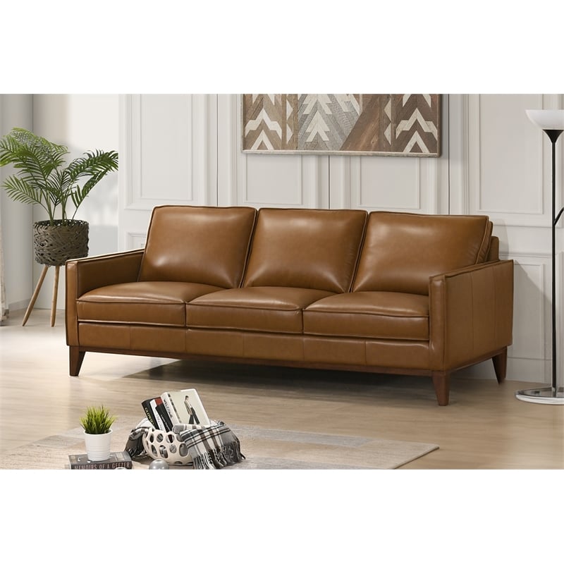 New Classic Furniture Caspar Leather Upholstered 3-Seater Sofa in Caramel