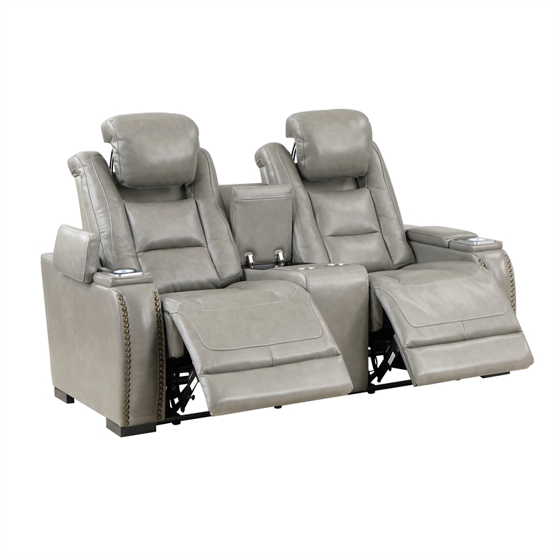 New Classic Furniture Breckenridge Leather Power Console Loveseat in Gray