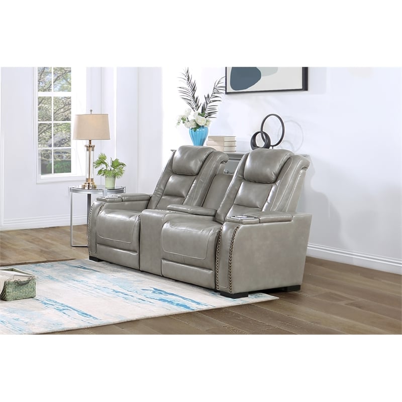 New Classic Furniture Breckenridge Leather Power Console Loveseat in Gray