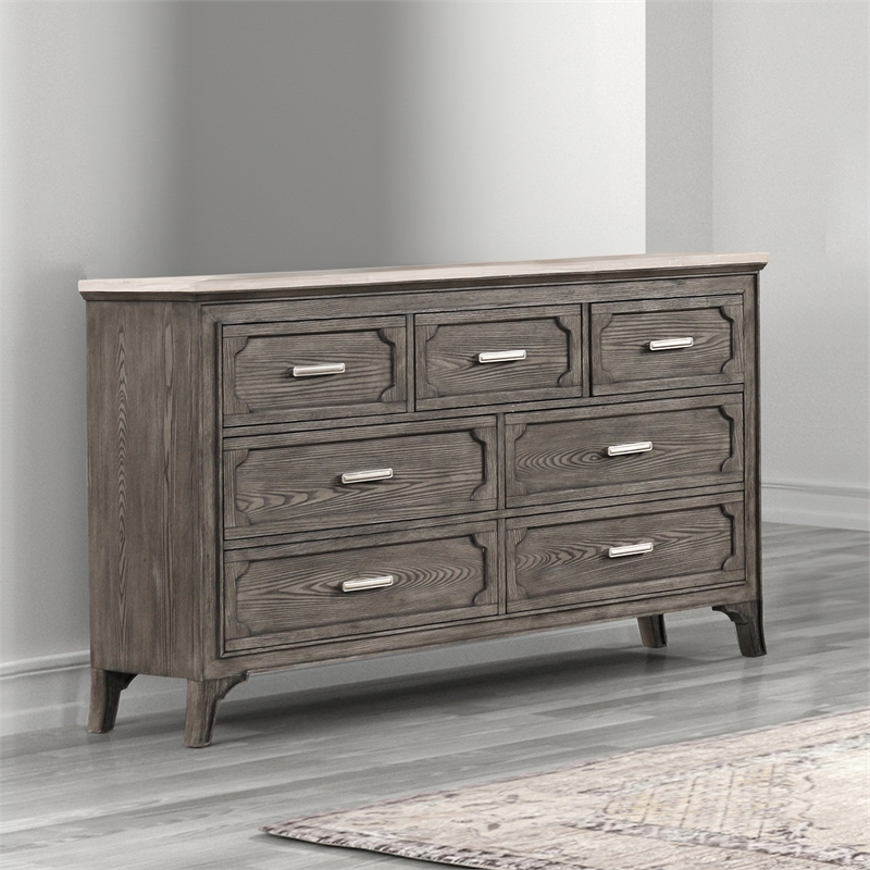 New Classic Furniture Lisbon Solid Wood 7-Drawer Dresser with Marble top in Gray