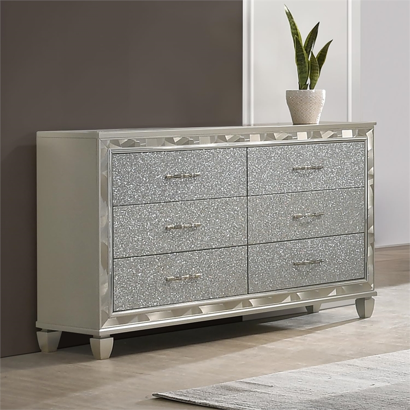 New Classic Furniture Radiance Solid Wood 6-Drawer Dresser in Platinum Silver