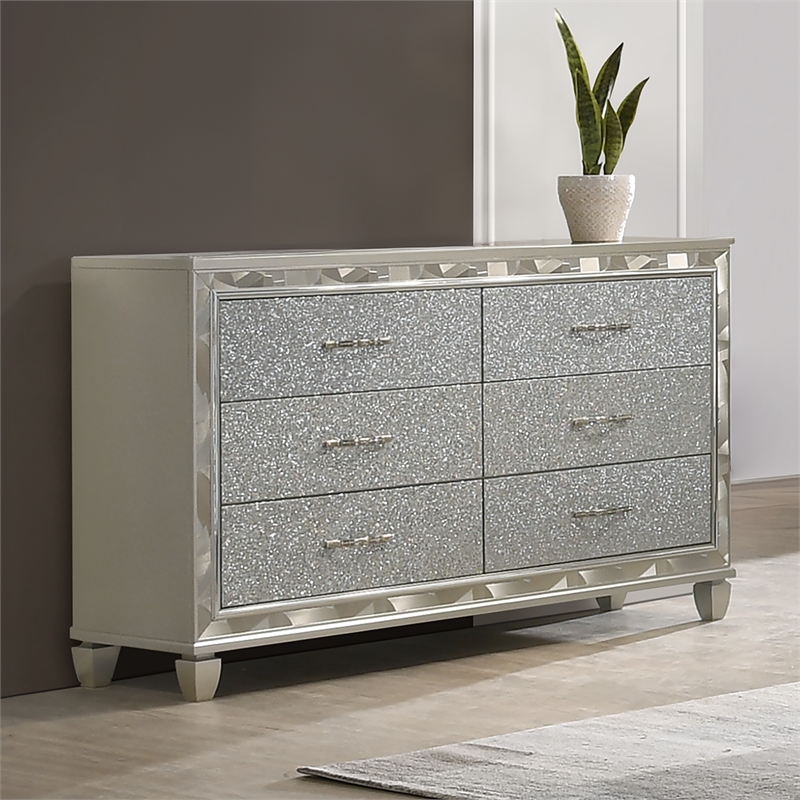 New Classic Furniture Radiance Solid Wood 6-Drawer Dresser in Platinum Silver