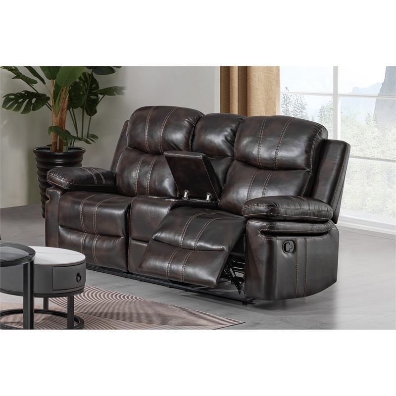 New Classic Furniture Kellen Faux Leather Console Loveseat w/Dual Recliner Brown