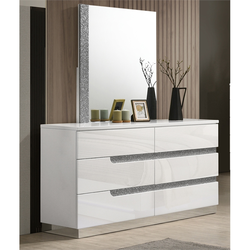 New Classic Furniture Paradox Solid Wood 6-Drawers Dresser with Mirror in White