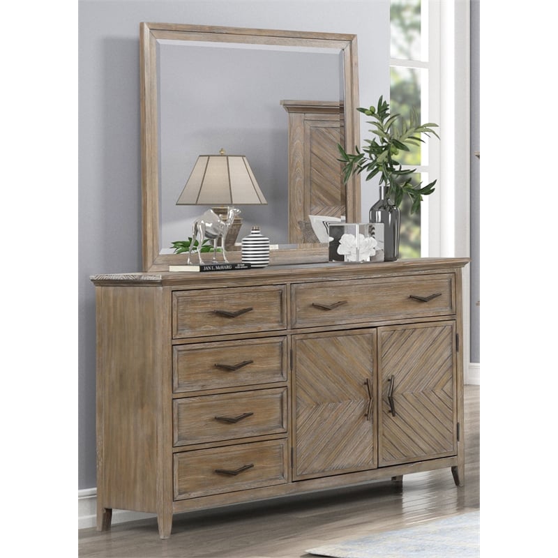 New Classic Furniture Tybee Solid Wood 5-Drawer Dresser with Mirror in Sand