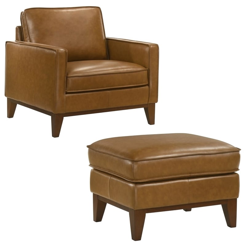 New Classic Furniture Caspar 2-Piece Leather Chair and Ottoman Set in Caramel