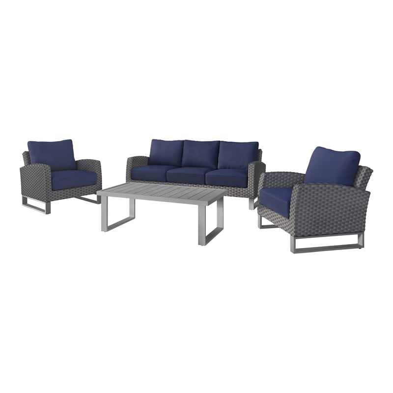 New Classic Furniture Fiji 4-piece Wicker/Fabric Outdoor Conversation Set - Blue