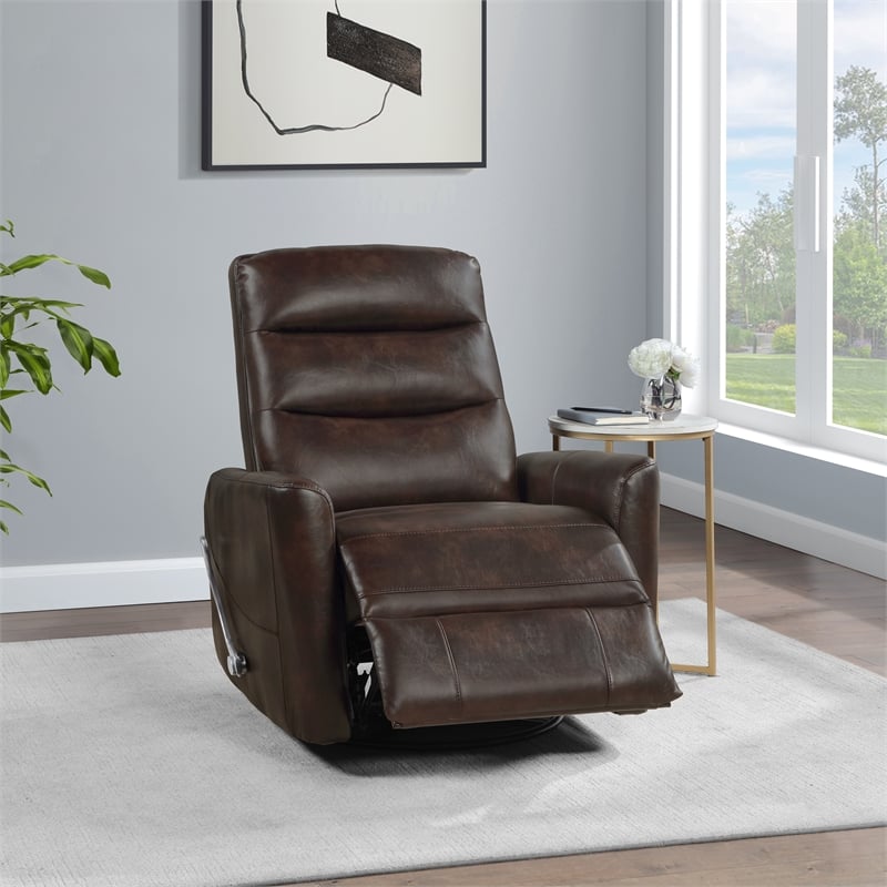New Classic Furniture Takami Faux Leather Swivel Recliner in Brown