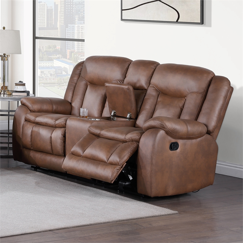 New Classic Furniture Morello Fabric Console Loveseat w/ Dual Recliners in Brown