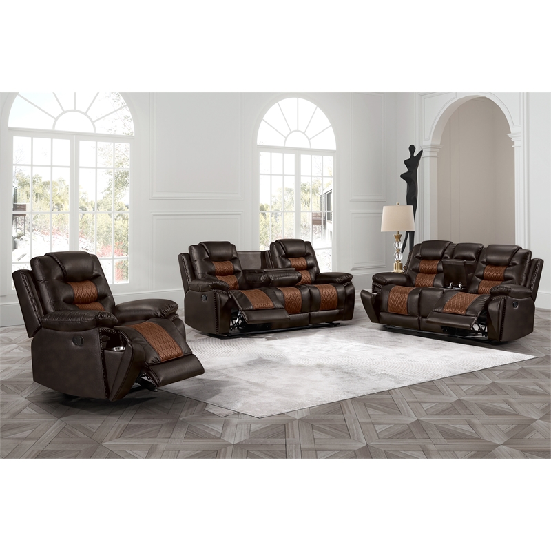New Classic Furniture Nikko 3-Piece Faux Leather Manual Living Room Set in Brown