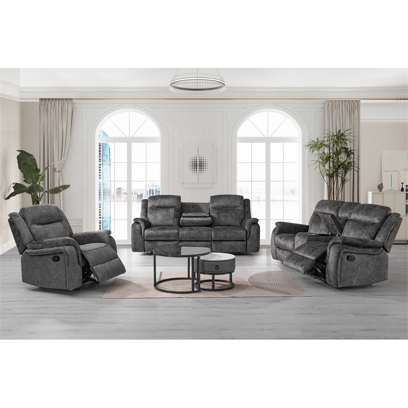 New Classic Furniture Park City 3-Piece Fabric Manual Living Room Set in Slate