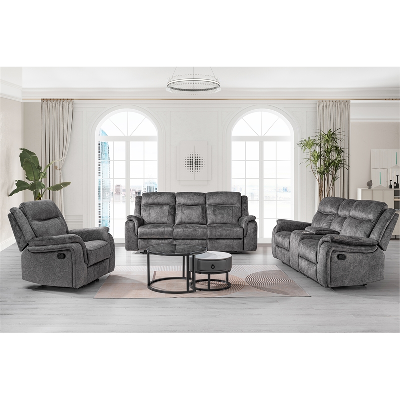 New Classic Furniture Park City 3-Piece Fabric Manual Living Room Set in Slate