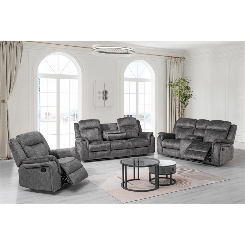 New Classic Furniture Park City 3-Piece Fabric Manual Living Room Set in Slate