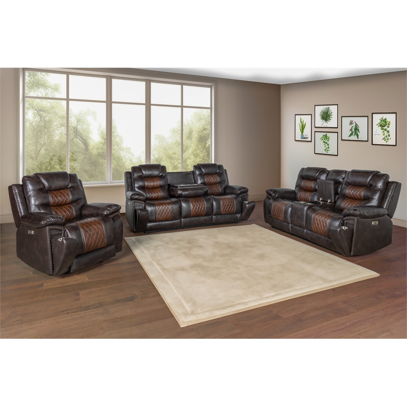 New Classic Furniture Nikko 3-Piece Faux Leather Power Living Room Set in Brown