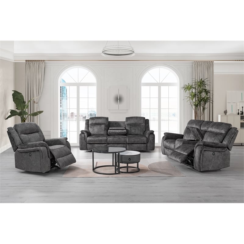 New Classic Furniture Park City 3-Piece Fabric Power Living Room Set in Slate