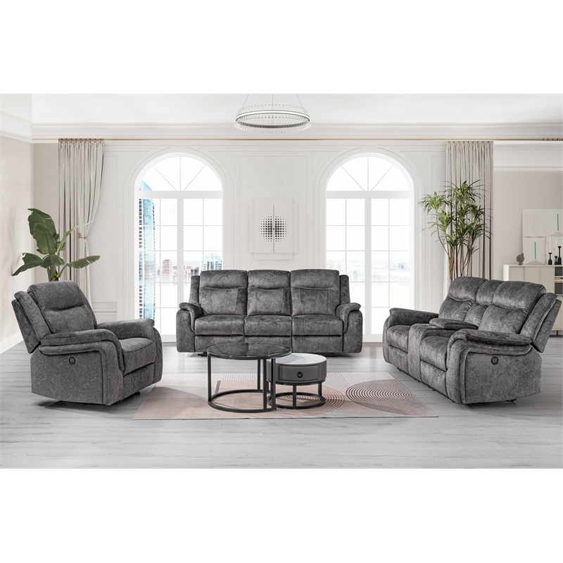 New Classic Furniture Park City 3-Piece Fabric Power Living Room Set in Slate