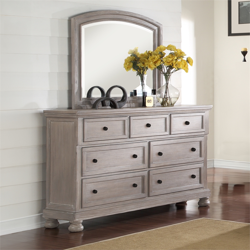 New Classic Furniture Allegra Wood 7-Drawer Dresser with Mirror in Pewter