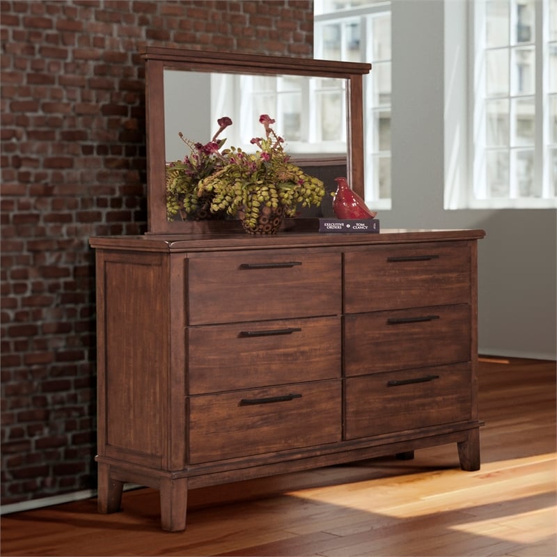 New Classic Furniture Cagney Wood 6-Drawer Dresser with Mirror in Chestnut