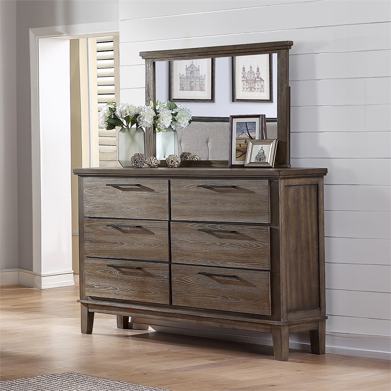 New Classic Furniture Cagney Wood 6-Drawer Dresser with Mirror in Vintage Gray
