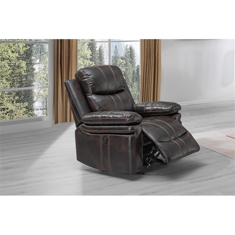 New Classic Furniture Kellen Faux Leather Power Glider Recliner in Brown