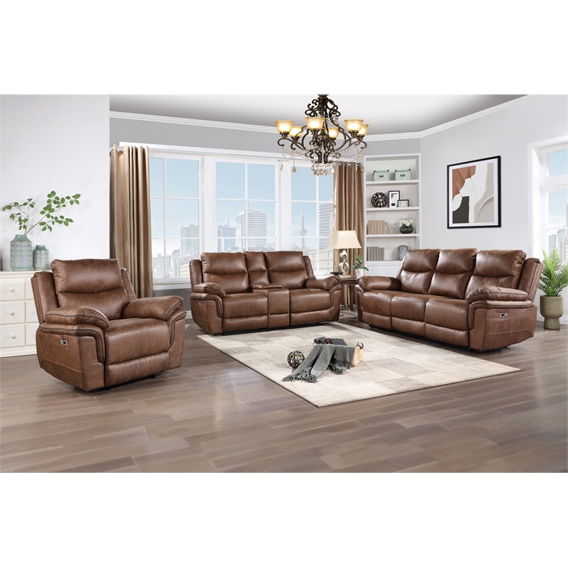 New Classic Furniture Ryland 3-Piece Fabric Power Living Room Set in Brown