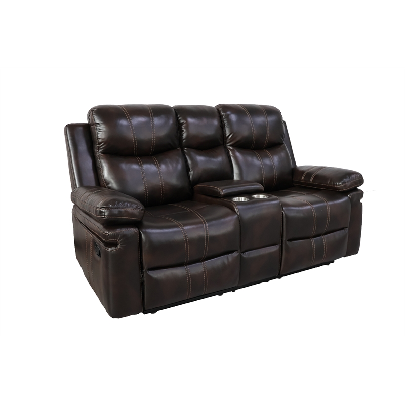 New Classic Furniture Kellen Faux Leather Power Console Loveseat in Brown