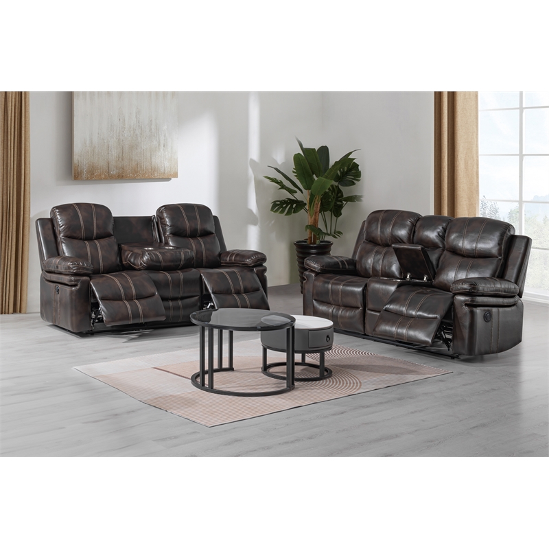 New Classic Furniture Kellen 2-Piece Faux Leather Power Living Room Set in Brown