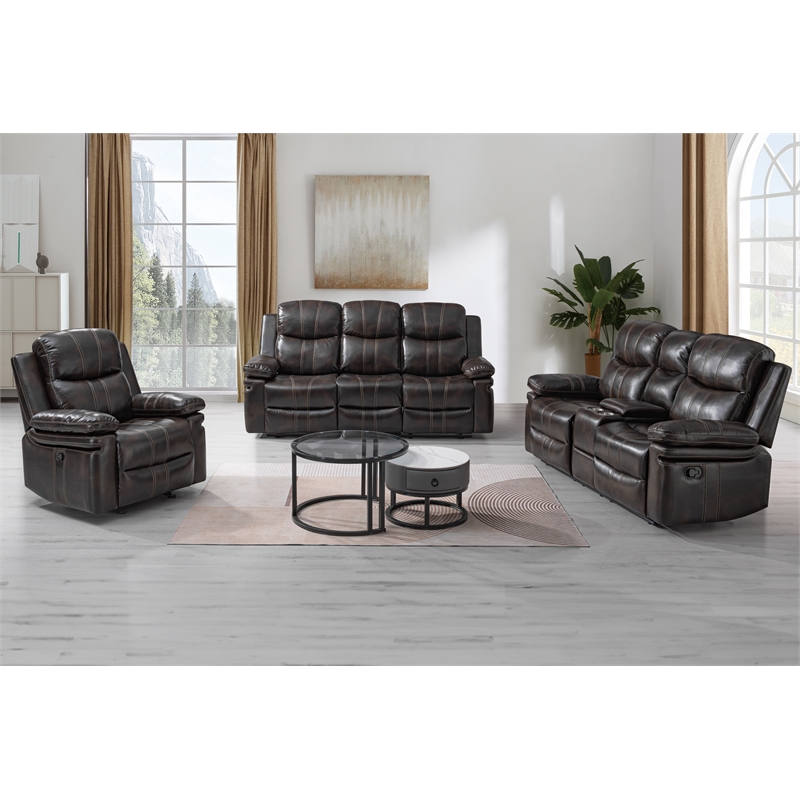 New Classic Furniture Kellen 3-Piece Faux Leather Manual Living Room Set - Brown