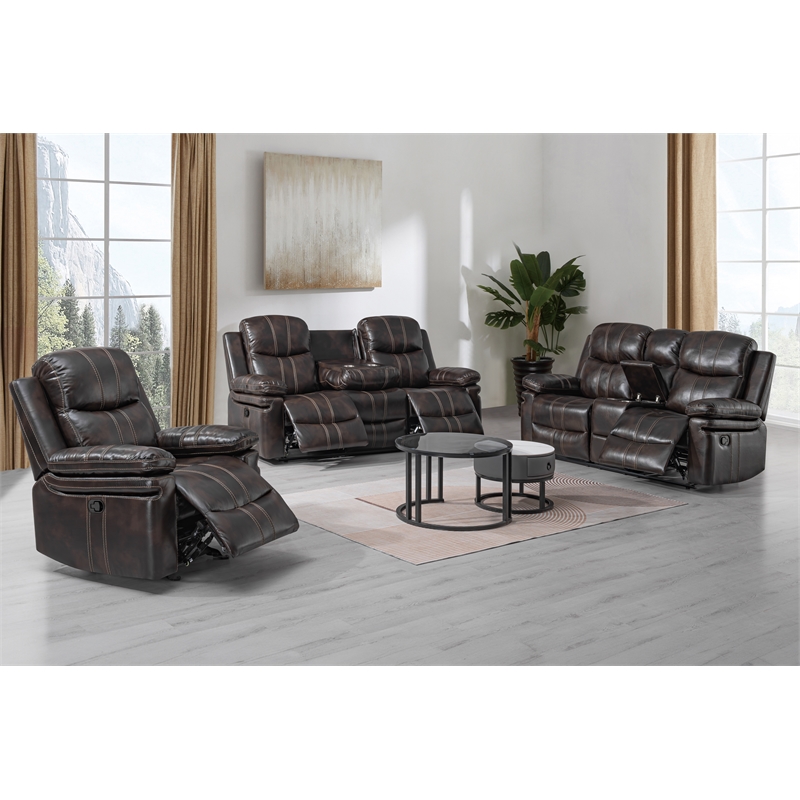 New Classic Furniture Kellen 3-Piece Faux Leather Manual Living Room Set - Brown
