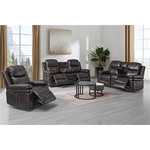 New Classic Furniture Kellen 3-Piece Faux Leather Manual Living Room Set - Brown