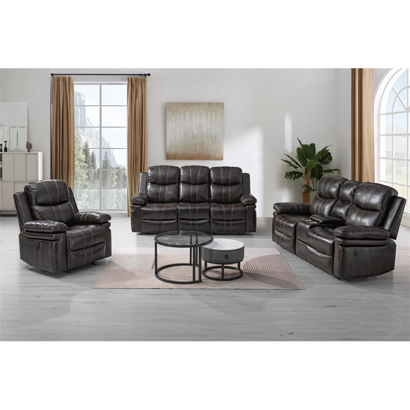 New Classic Furniture Kellen 3-Piece Faux Leather Power Living Room Set in Brown