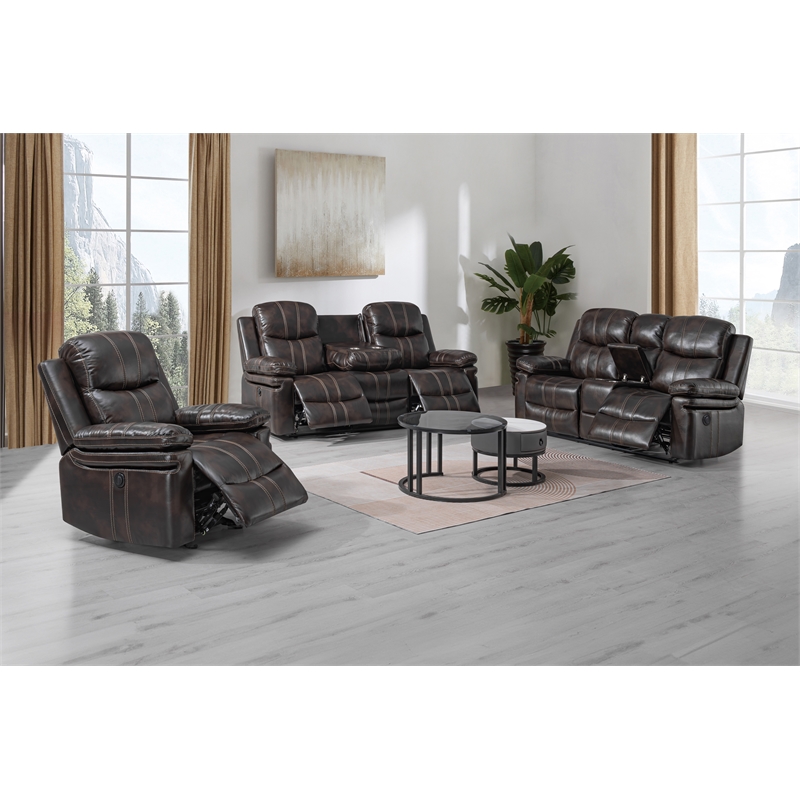 New Classic Furniture Kellen 3-Piece Faux Leather Power Living Room Set in Brown