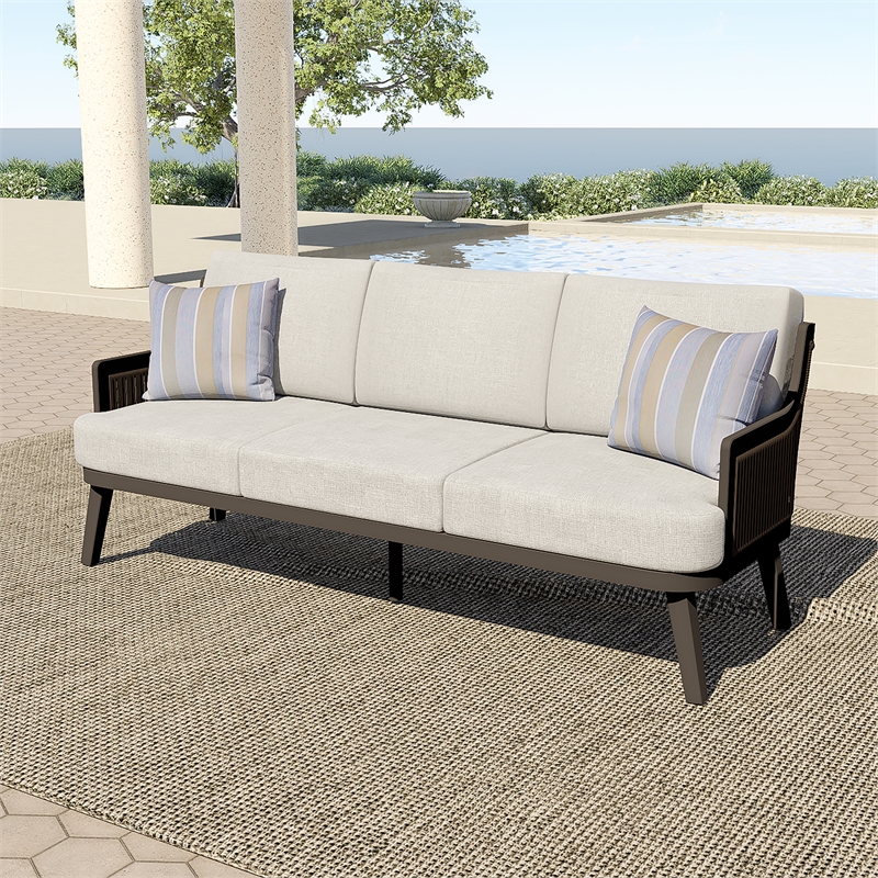 New Classic Furniture Genova Aluminum/Wicker Patio Sofa with Pillows in Gray
