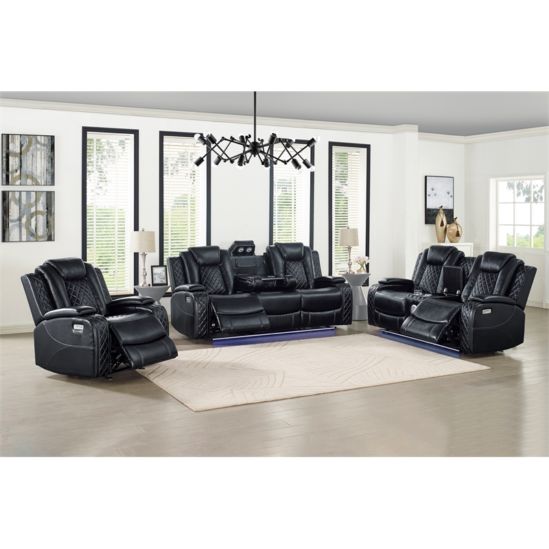 New Classic Furniture Orion II 3-Pc Faux Leather Power Living Room Set in Black