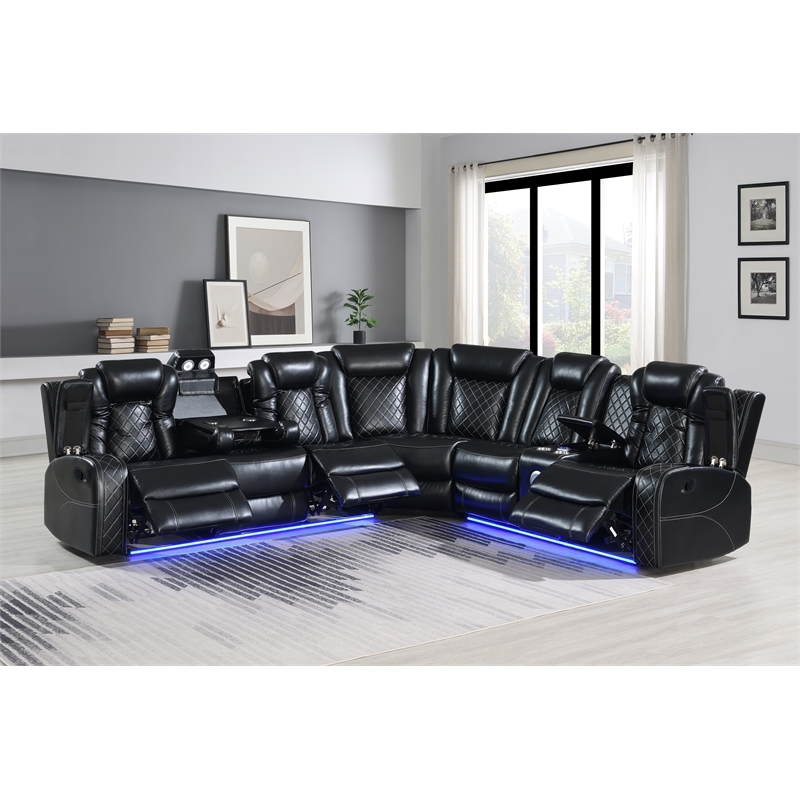 New Classic Furniture Orion II 3-Pc Faux Leather Power Sectional in Black